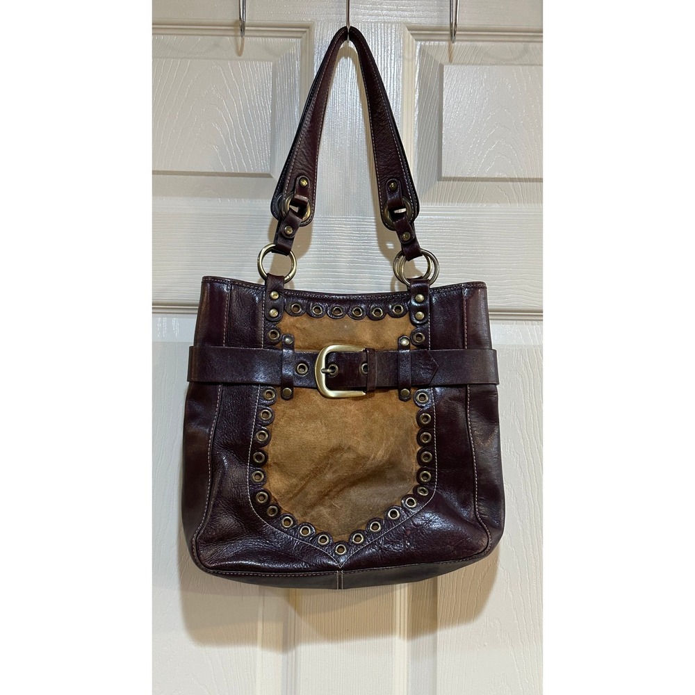 Vintage‎ Burgundy Leather Suede Grommet Buckle Shoulder Bag Western Boho Tote